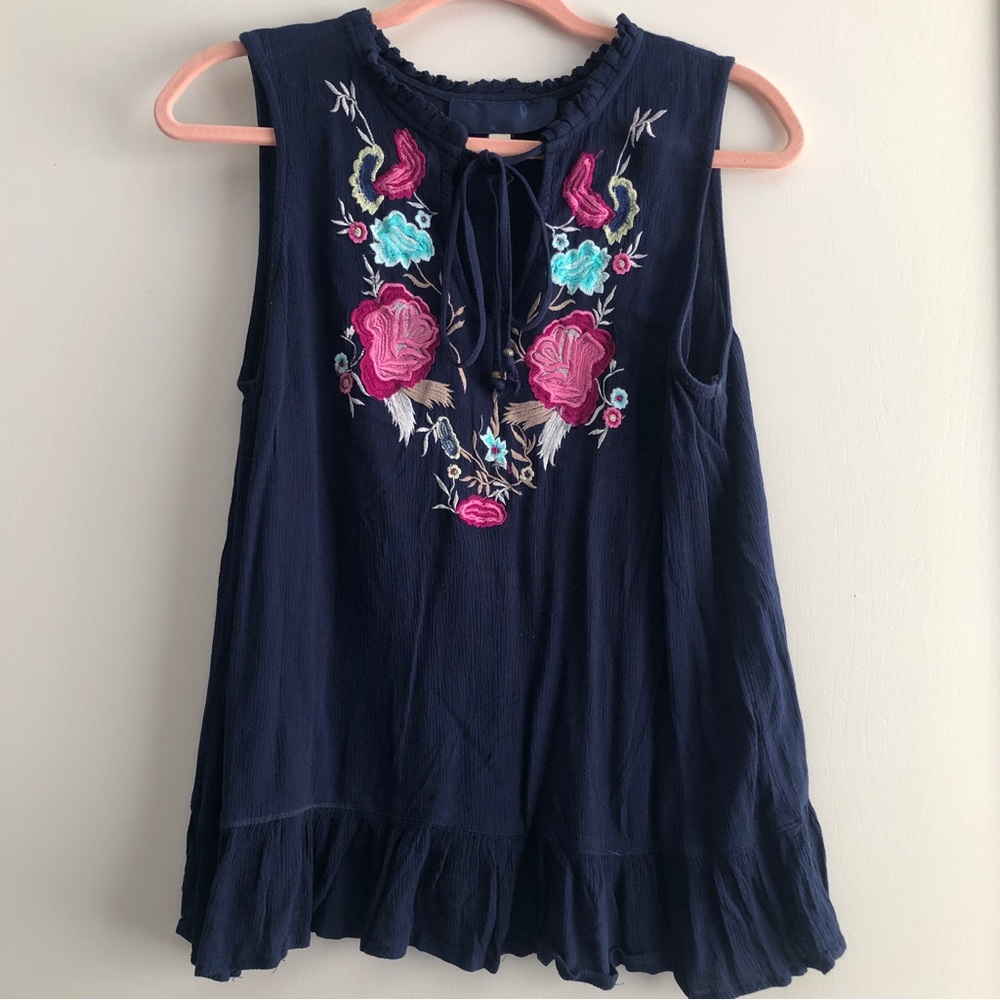 Navy Embroidered Sleeveless Top